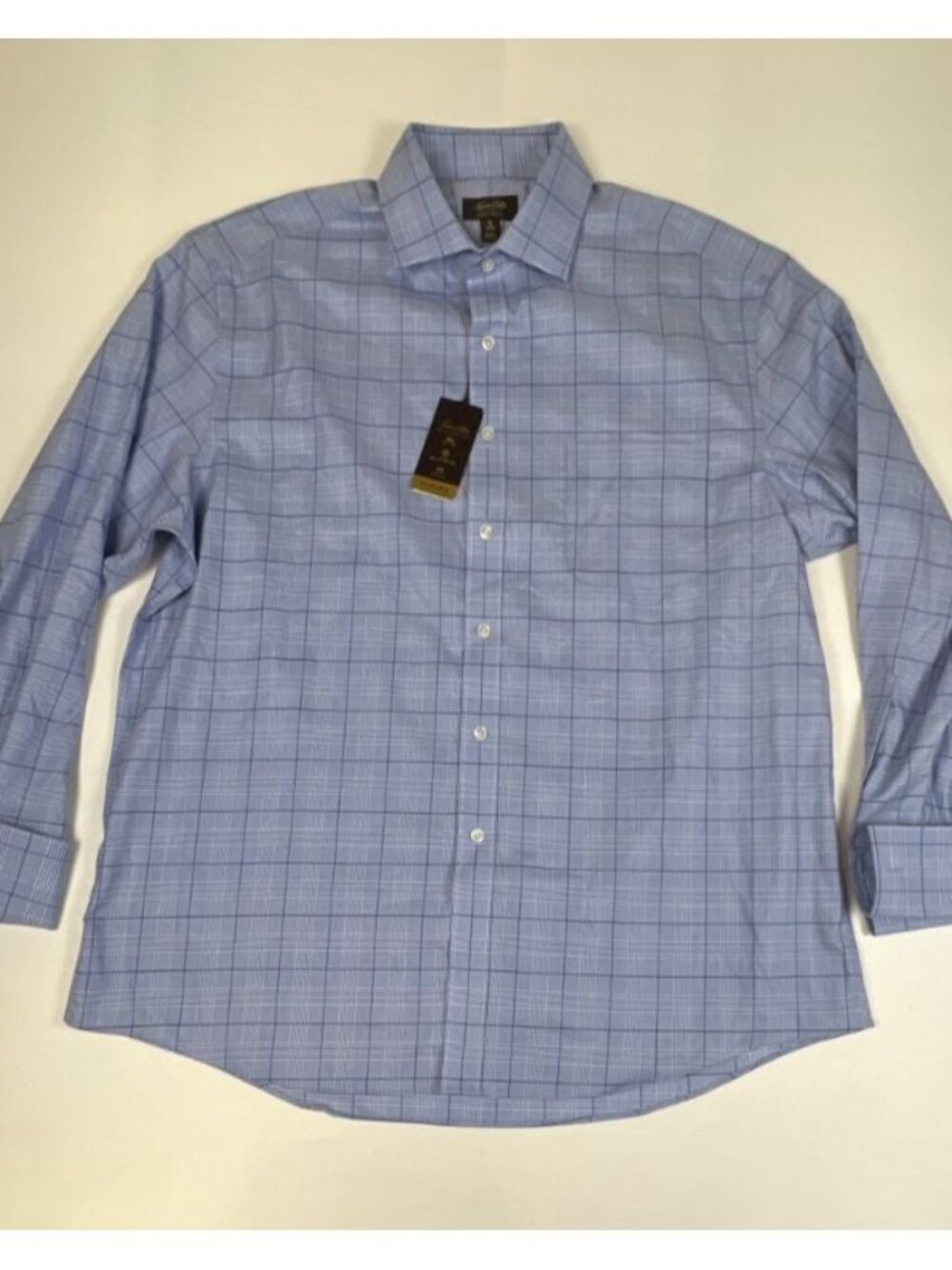 Tasso Elba Men XL 17 34-35 Dress Shirt Blue Plaid Non-Iron Supima Cotton Stretch